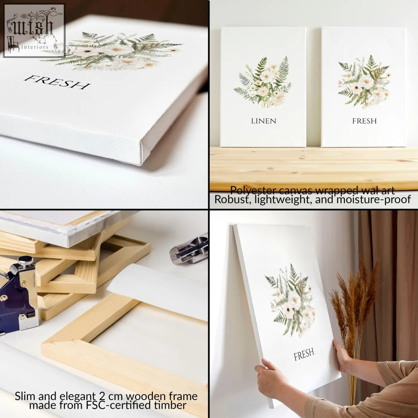 Set of 2 laundry room pictures featuring white canvas wall art with delicate green botanical prints on slim wooden frames