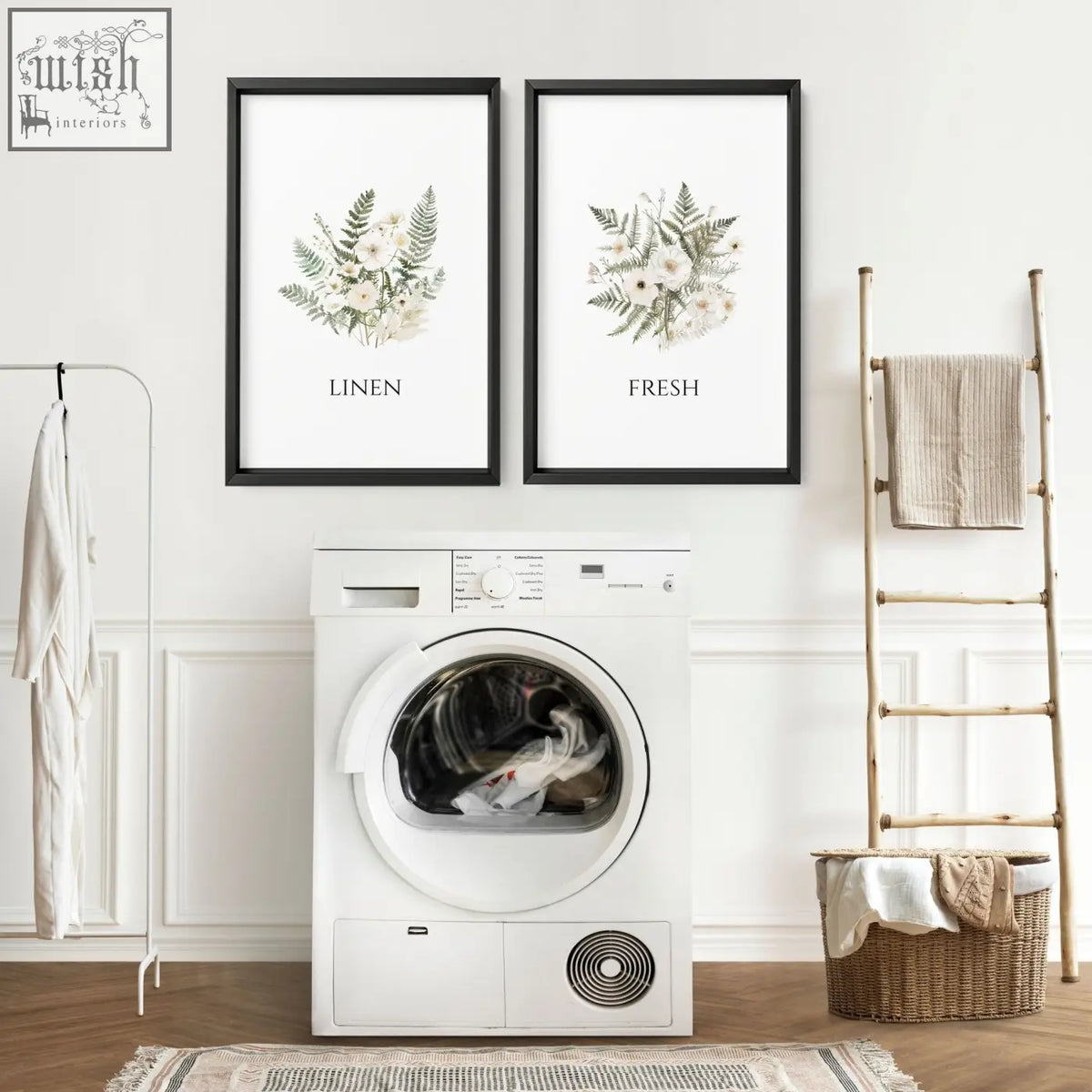 White front-loading dryer with glass door and control panel in laundry room pictures wall art prints set of 2