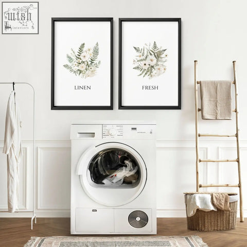 White front-loading dryer with glass door and control panel in laundry room pictures wall art prints set of 2
