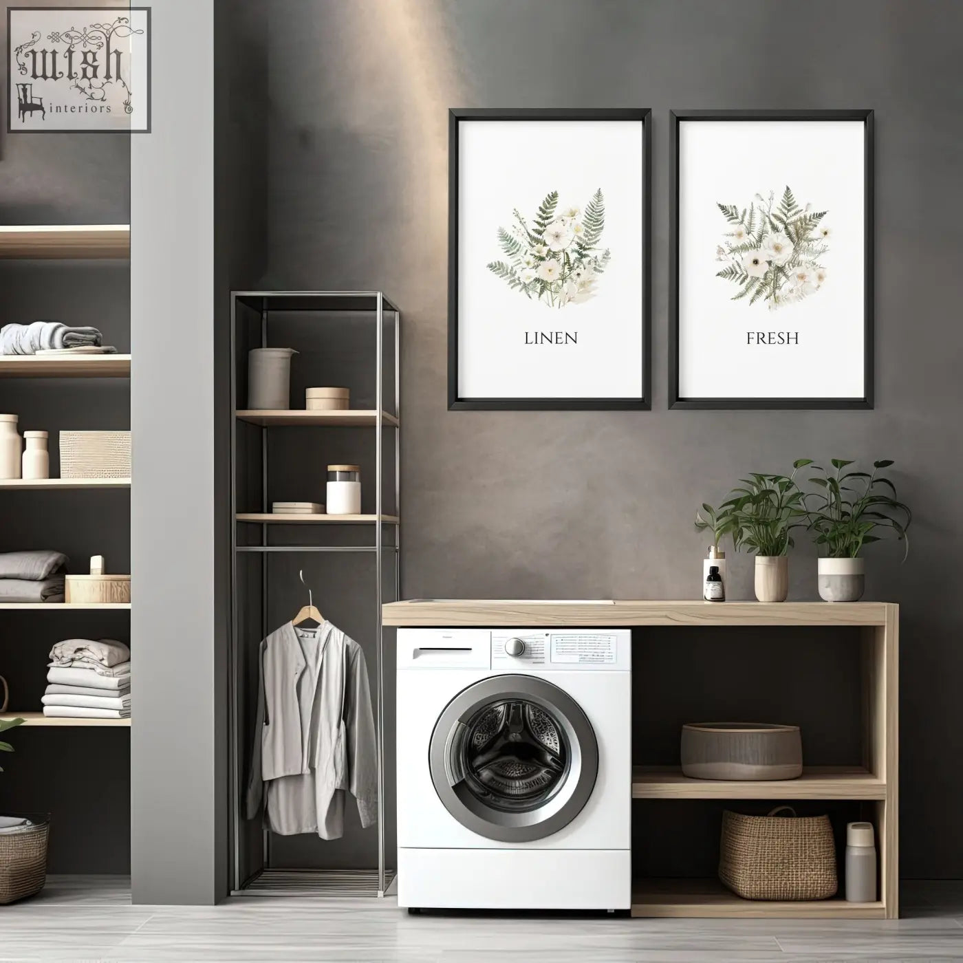White front-loading washing machine with silver door in laundry room pictures wall art prints for modern decor