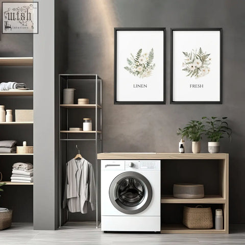 White front-loading washing machine with silver door in laundry room pictures wall art prints for modern decor