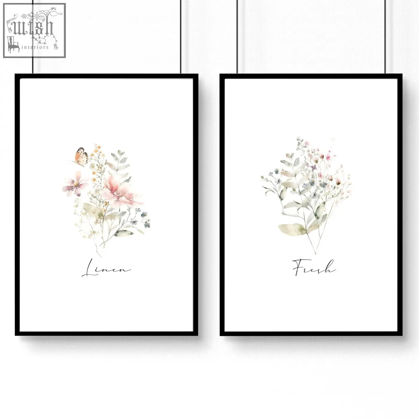 Two black-framed watercolor floral laundry room posters with pastel pink and green botanical prints for room decor