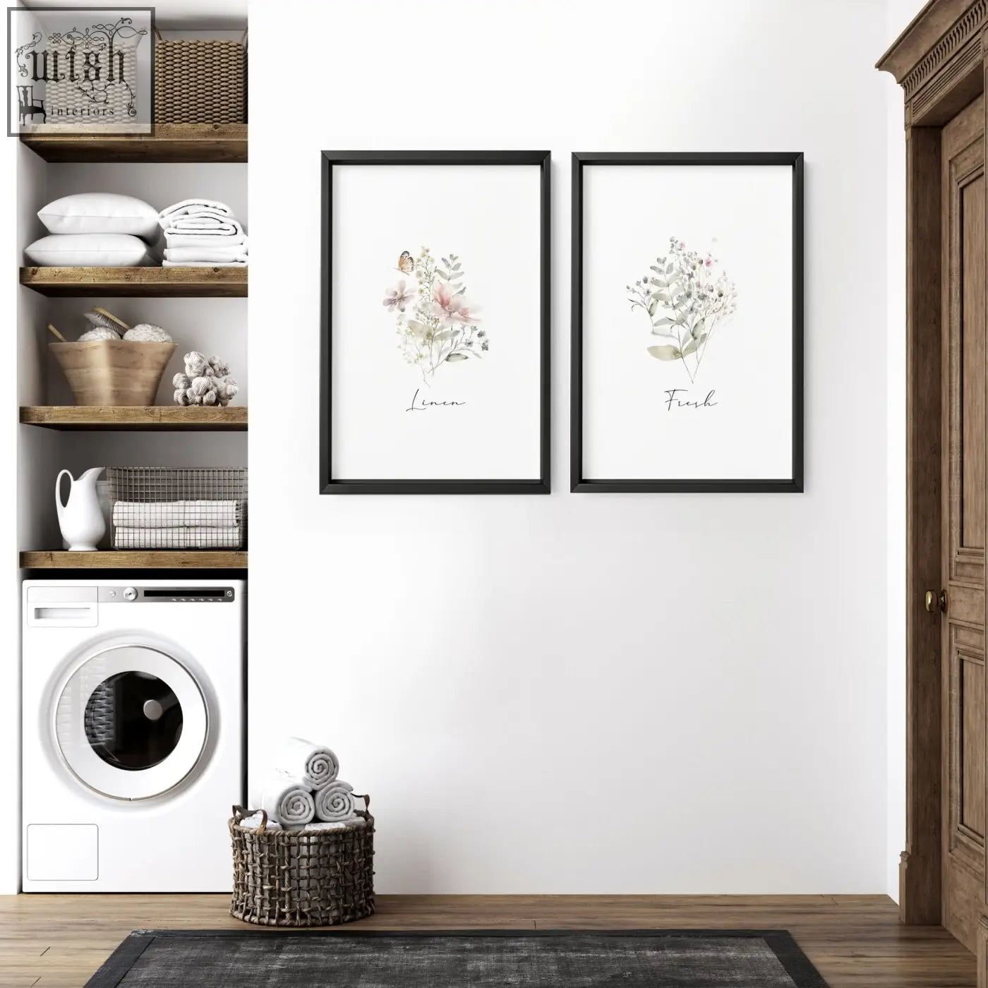 Two black-framed laundry room posters featuring watercolor floral prints in soft pink and green labeled linen and fresh