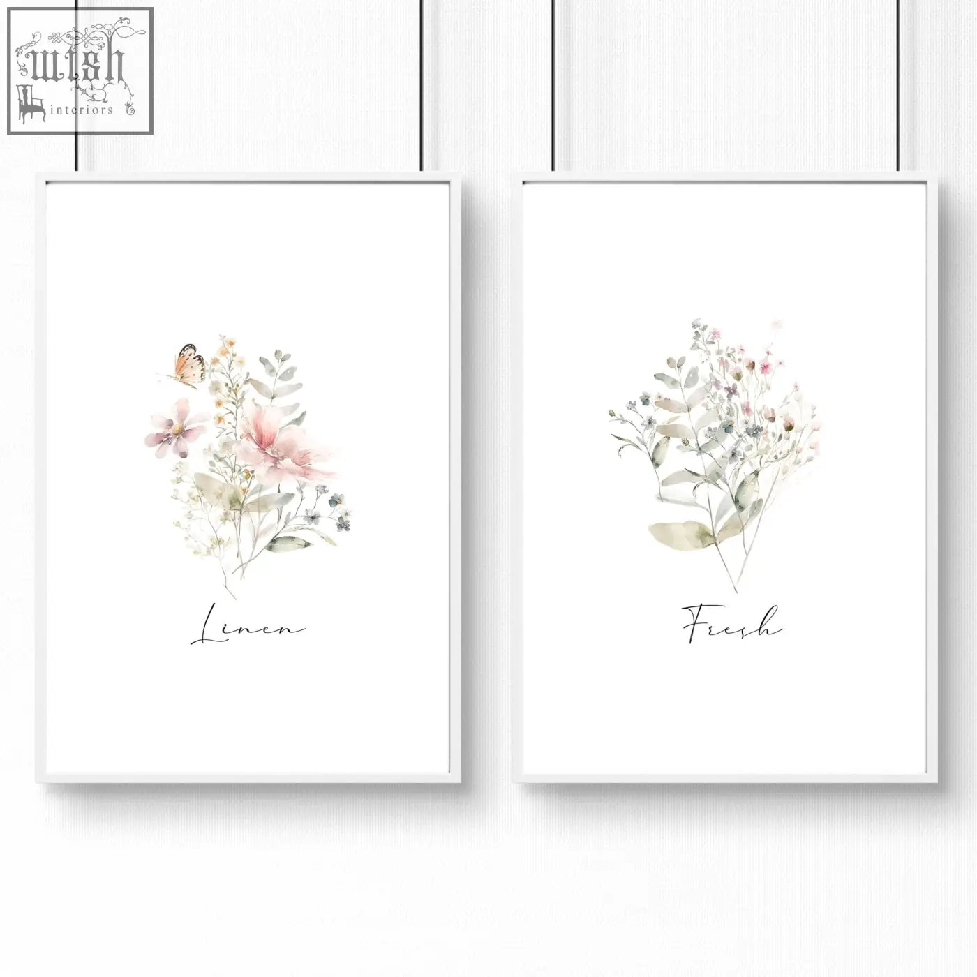 Two framed botanical watercolor laundry room posters with pastel pink and green floral prints for wall decor