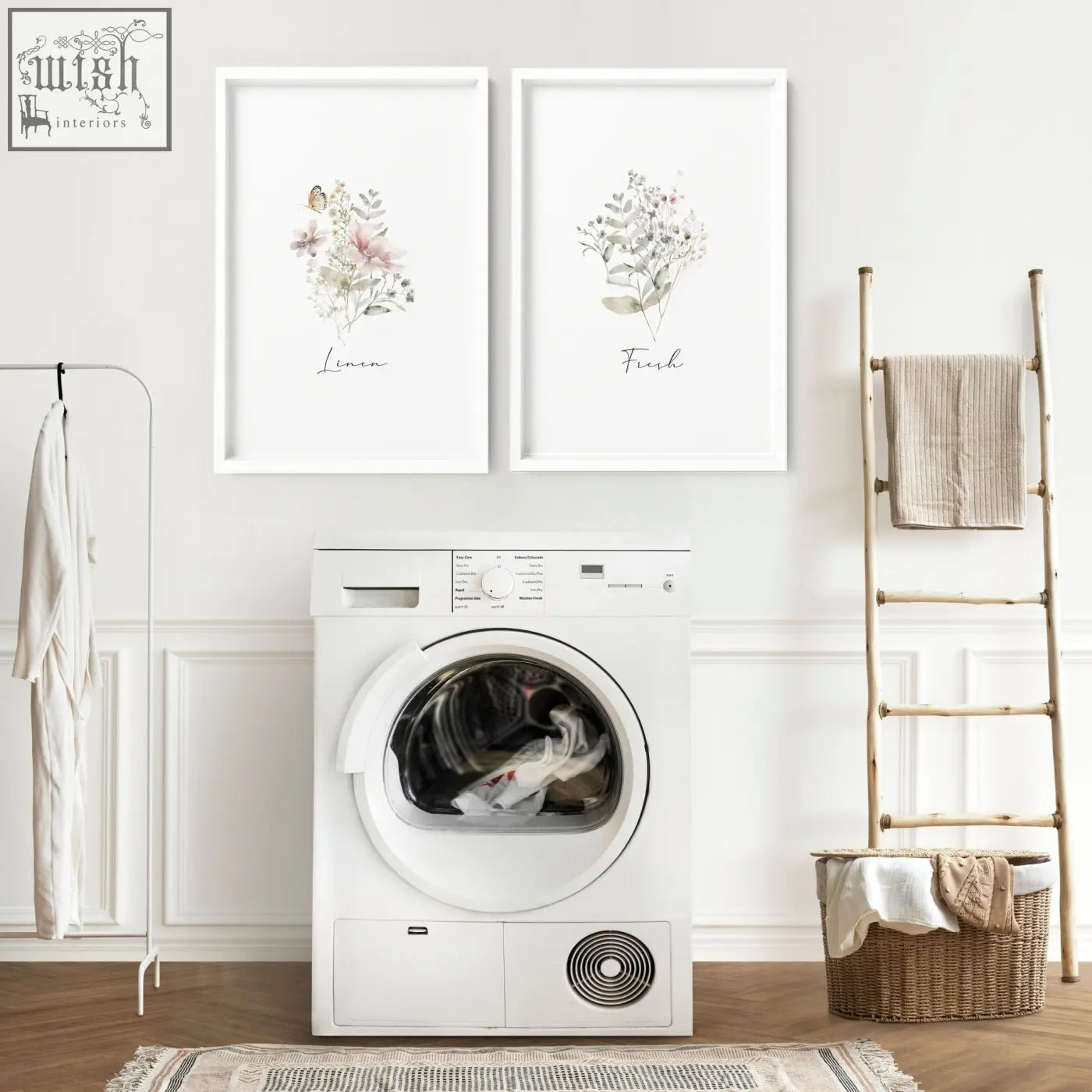 White front-loading clothes dryer with glass door and control panel featured in laundry room posters set of 2 wall art prints