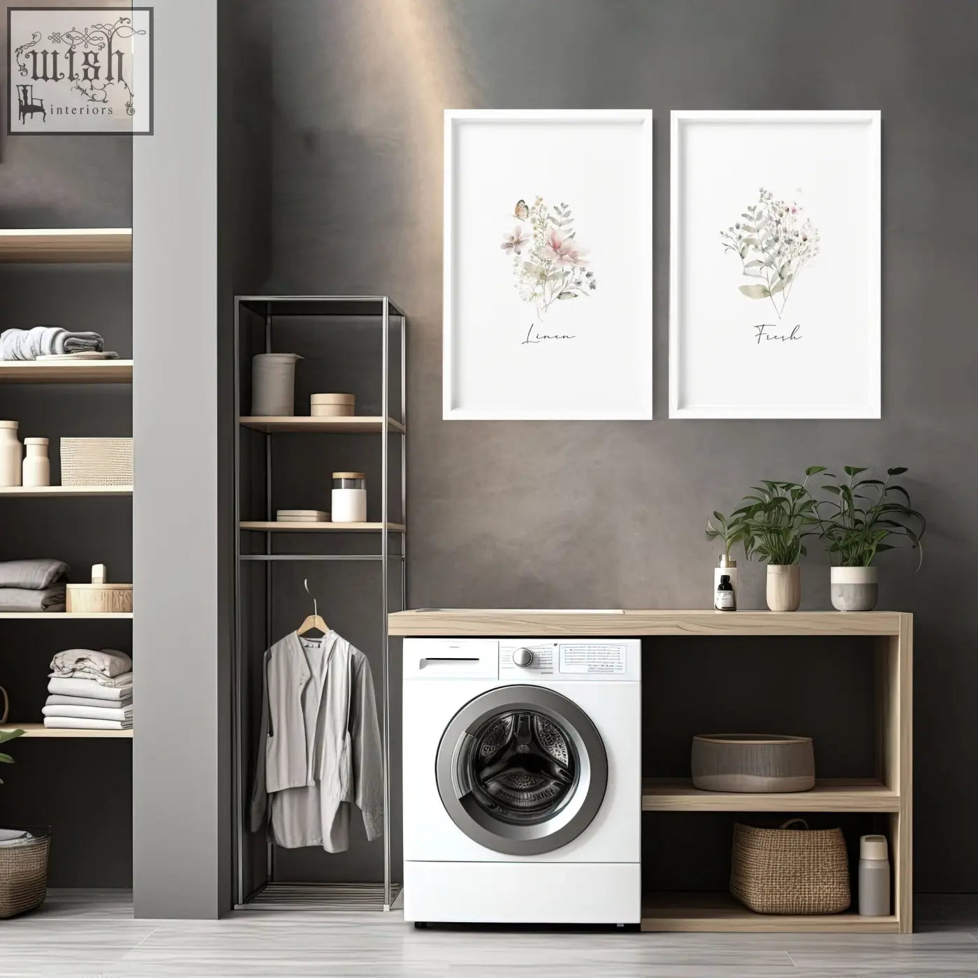 White front-loading washing machine with silver door featured in laundry room posters set of 2 room posters wall art prints