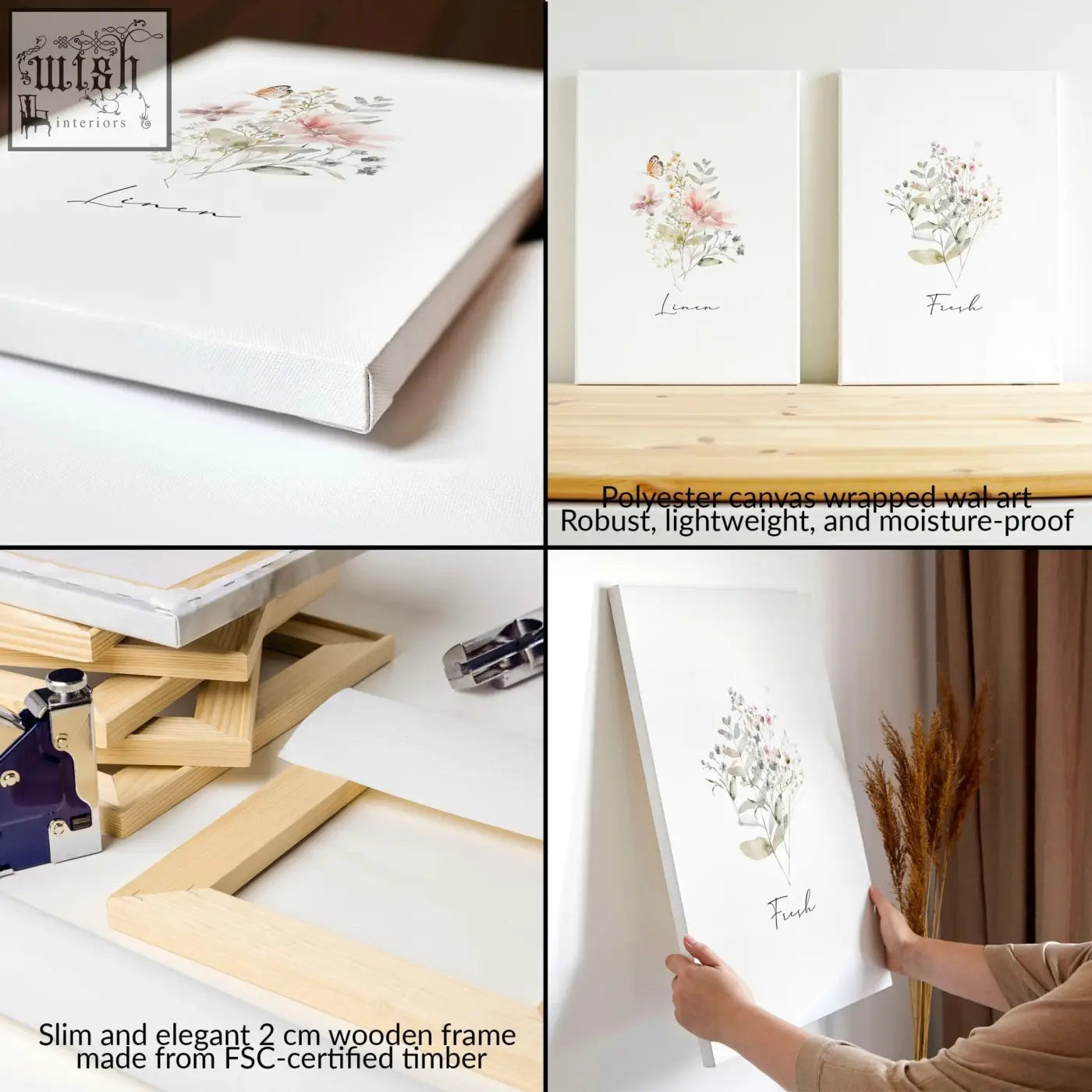 White polyester canvas laundry room posters with delicate watercolor floral designs and elegant cursive text
