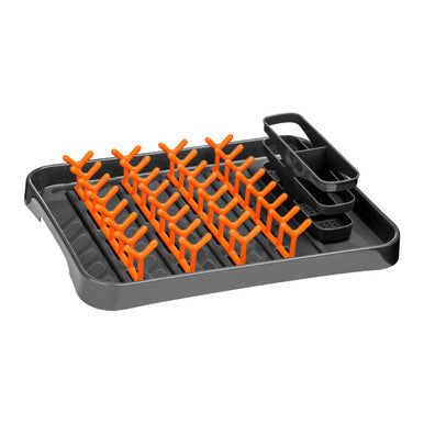 Laurie grey and orange dish drainer with black and orange plastic grid slots for drying dishes upright in kitchen