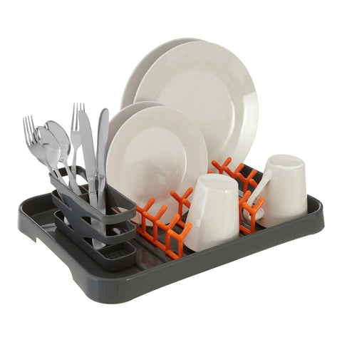Laurie grey and orange dish drainer with compartments for plates cups and utensils in durable plastic design
