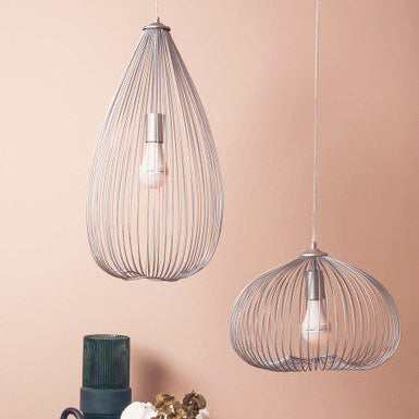 Two hanging wire pendant lights with a silver finish and teardrop-shaped frames for modern lighting decor