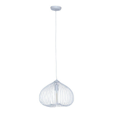 White wireframe pendant light with a teardrop cage design and silver finish perfect for modern spaces
