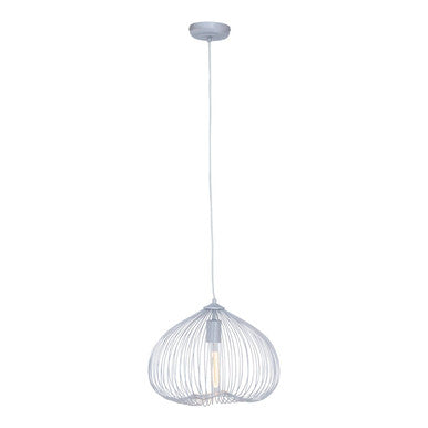 White wire cage pendant light with exposed bulb in silver finish pendant perfect for modern spaces