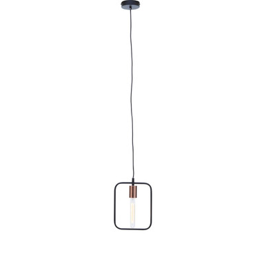 Lavis black and copper finish pendant light with black square frame and copper finish pendant featuring a clear glass bulb