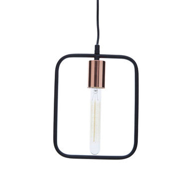 Lavis black and copper finish pendant light with a black square frame and copper finish pendant bulb holder