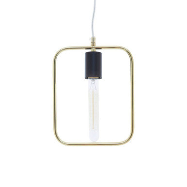 Lavis black and gold finish pendant light with gold finish square frame, black cylindrical shade, and clear filament bulb