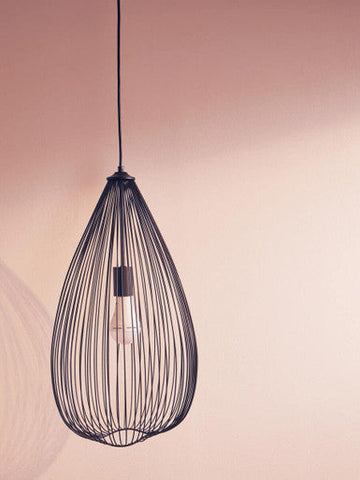 Lavis teardrop black finish pendant light with a black wire teardrop black finish and exposed bulb design