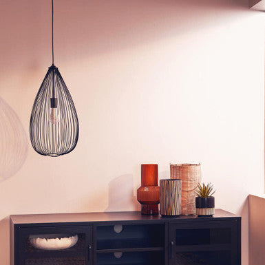 Lavis teardrop black finish pendant light with black wireframe teardrop design and exposed bulb in black finish pendant style