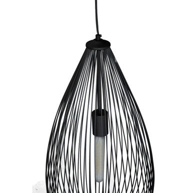 Lavis teardrop black finish pendant light with a black wireframe teardrop shape and exposed bulb inside