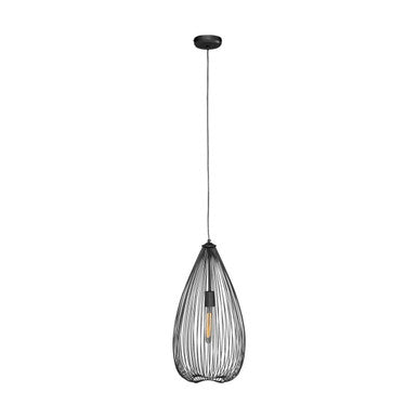 Lavis teardrop black finish pendant light with black wireframe and exposed filament bulb in teardrop black finish design