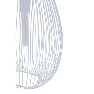 Lavis teardrop white pendant light with a white wire frame and visible filament bulb inside pendant light