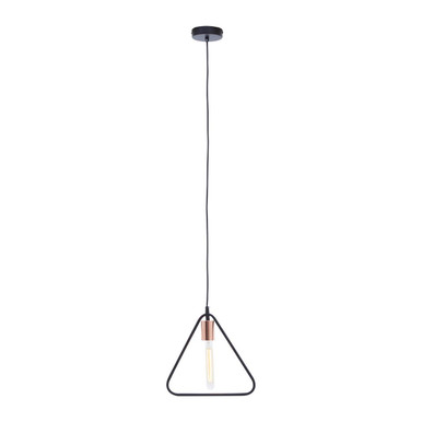 Black triangular pendant light with copper accent and exposed filament bulb perfect for modern lighting decor