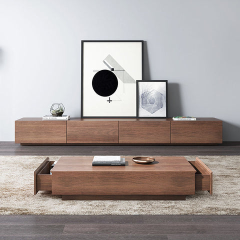 Modern walnut finished lavone coffee table with minimalist design and two open drawers for easy storage
