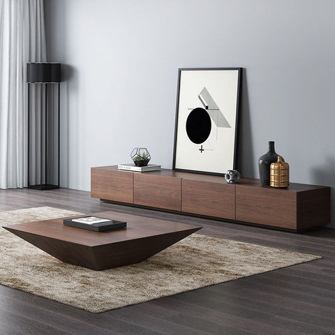 Modern walnut finished lavone tv stand with sleek minimalist design and integrated storage compartments