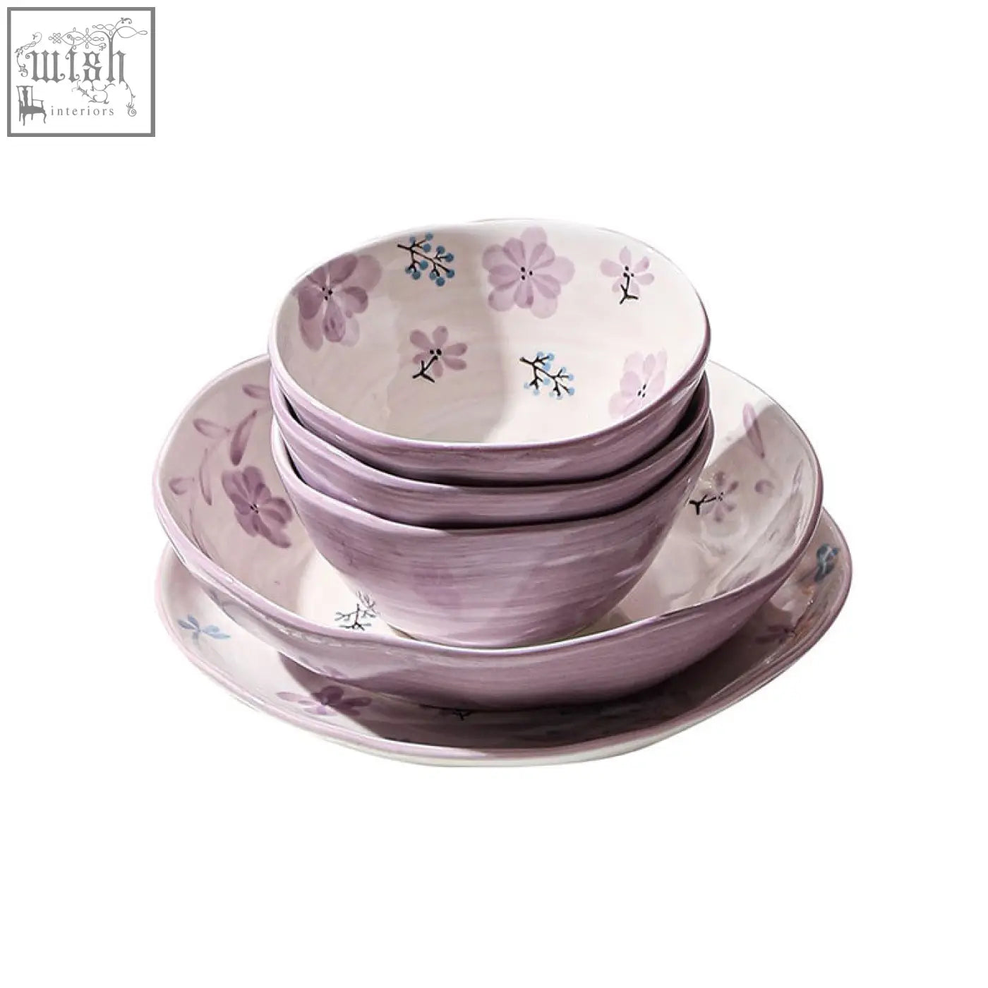 Set of four hand-painted ceramic bowls and plates in soft lavender with floral patterns from layla orchid dining set