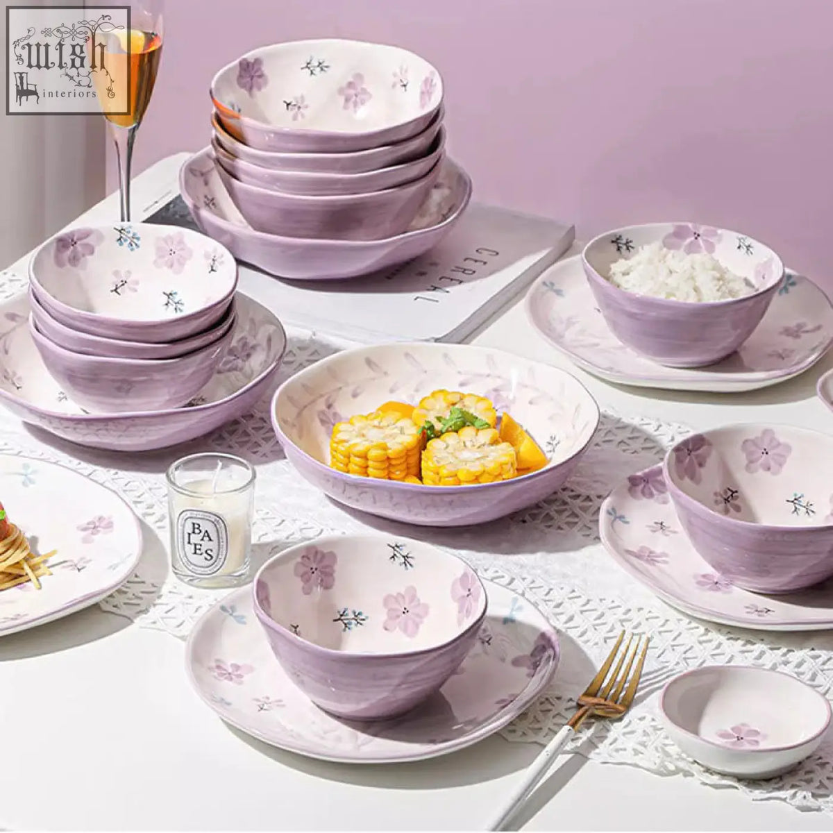 Set of lavender ceramic bowls and plates with delicate pink floral patterns from the layla orchid dining set