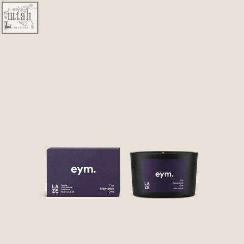 Black glass mini candle with matte finish and minimalist white eym label the meditative one scent