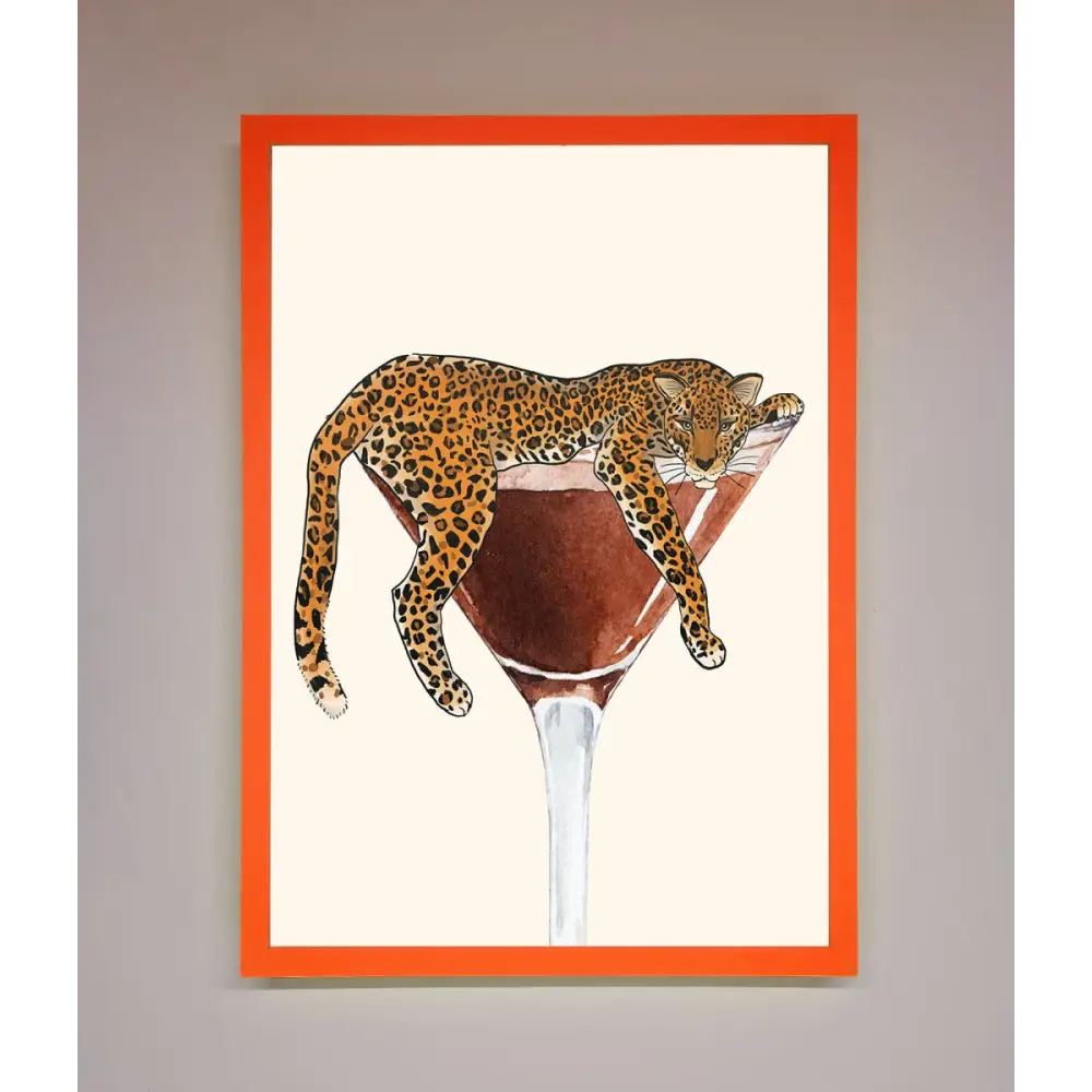 Lazy Leopard Martini Framed Poster - A3 (29.7 x 42 cm) / Neon Orange - Framed Print