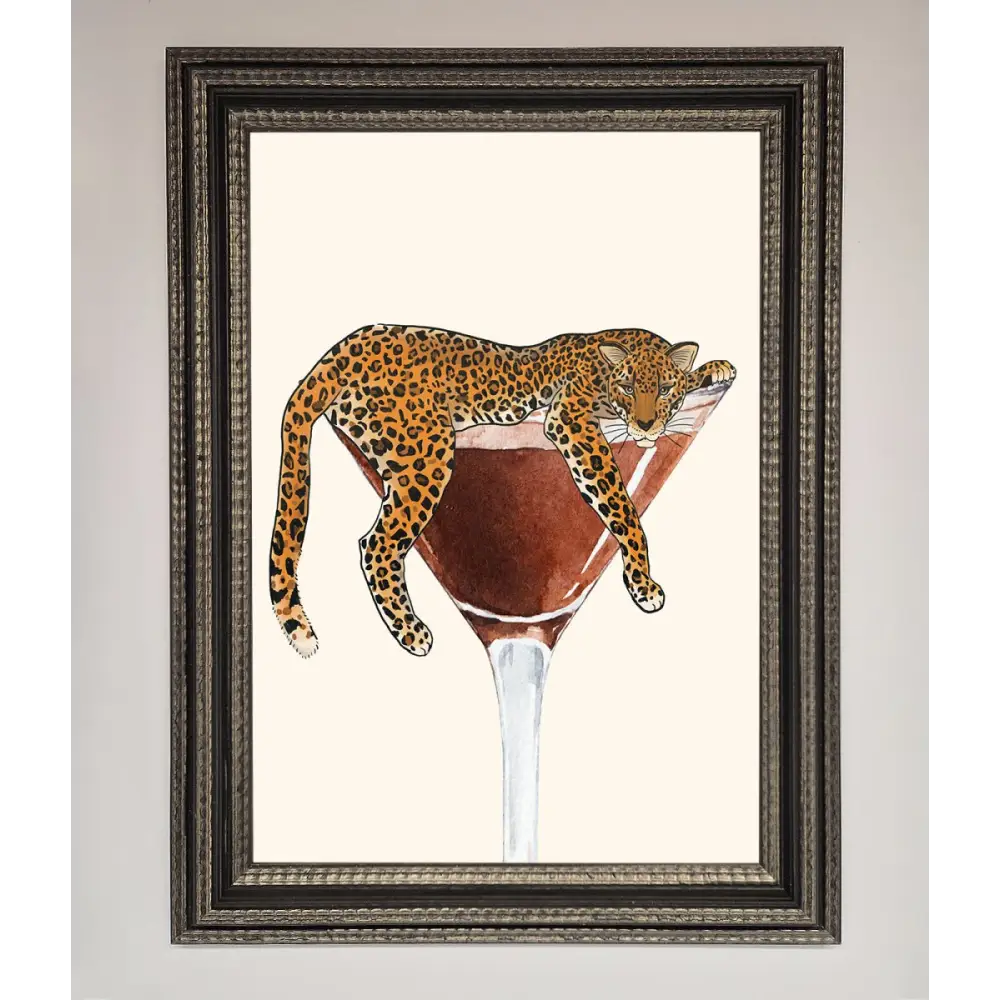 Lazy Leopard Martini Framed Poster - A3 (29.7 x 42 cm) / Ornate Silver Black - Framed Print