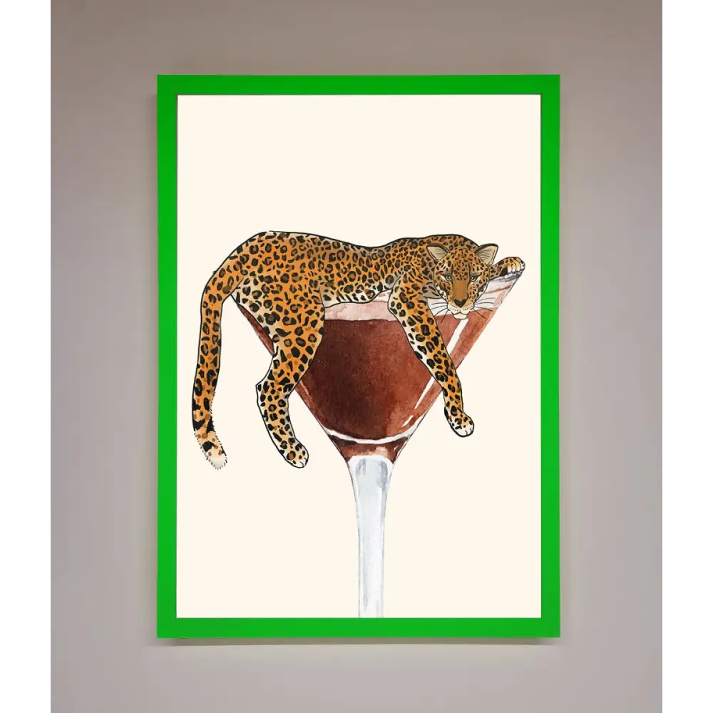 Lazy Leopard Martini Framed Poster - B0 (100 x 141 cm) / Neon Dark Green - Framed Print