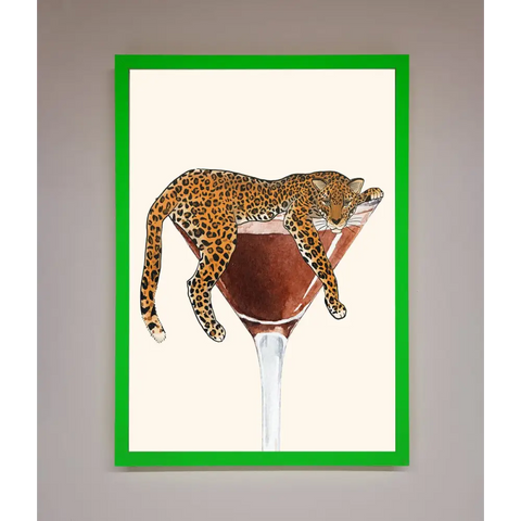 Lazy Leopard Martini Framed Poster - B0 (100 x 141 cm) / Neon Dark Green - Framed Print