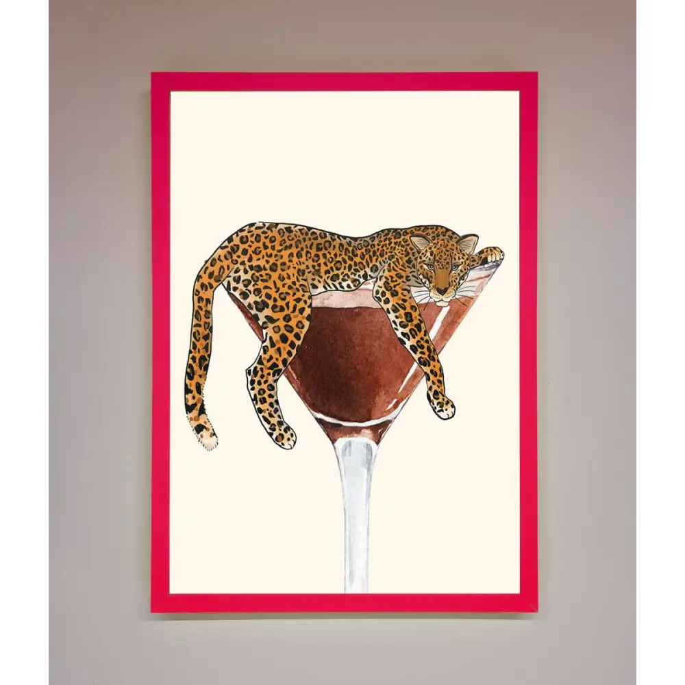 Lazy Leopard Martini Framed Poster - B0 (100 x 141 cm) / Neon Pink - Framed Print