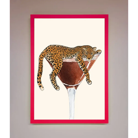 Lazy Leopard Martini Framed Poster - B0 (100 x 141 cm) / Neon Pink - Framed Print