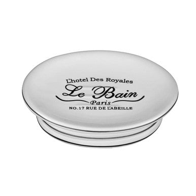 Le bain white ceramic soap dish with black paris text and silver rim perfect for stylish bathroom use