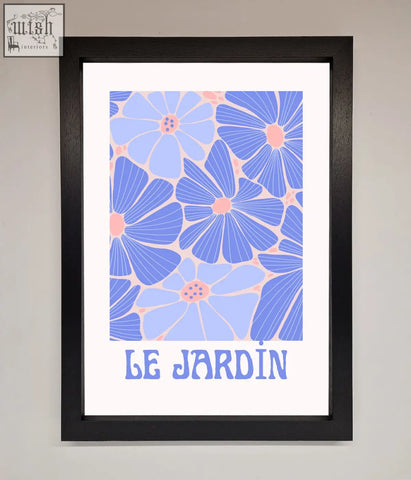 A jardin blue framed poster featuring a stylized blue and pink floral pattern with le jardin text below