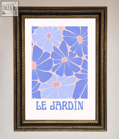 Le jardin blue framed poster featuring a blue and pink floral art print in a gold-toned ornate frame