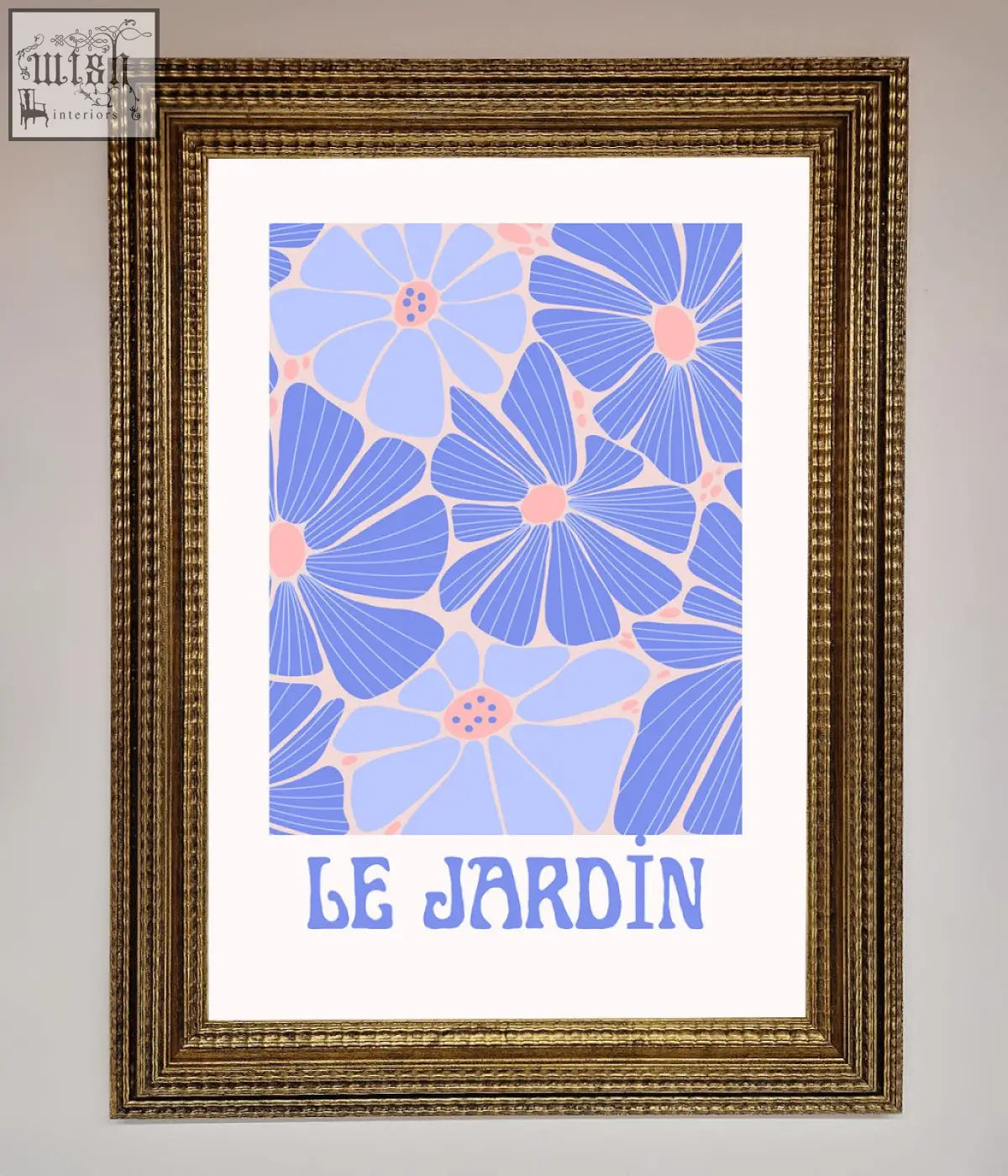 A jardin blue framed poster with a stylized blue and pink floral pattern and le jardin text below