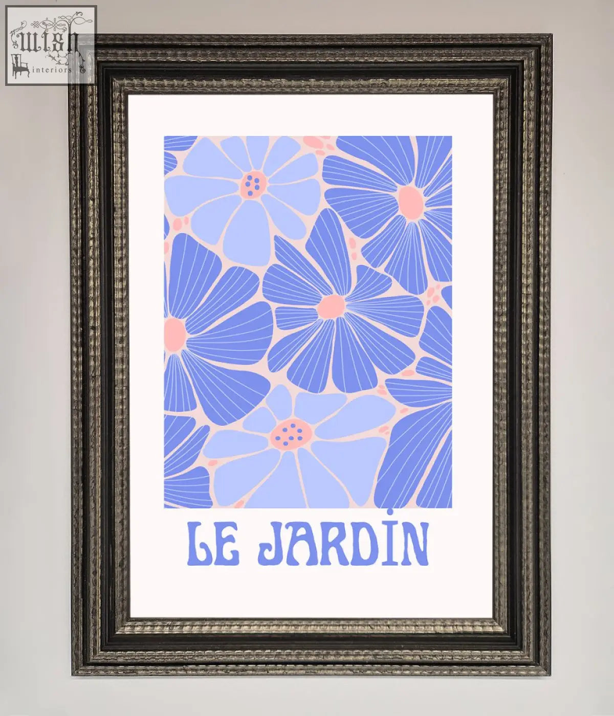 A jardin blue framed poster with a stylized blue and pink floral pattern and le jardin text below
