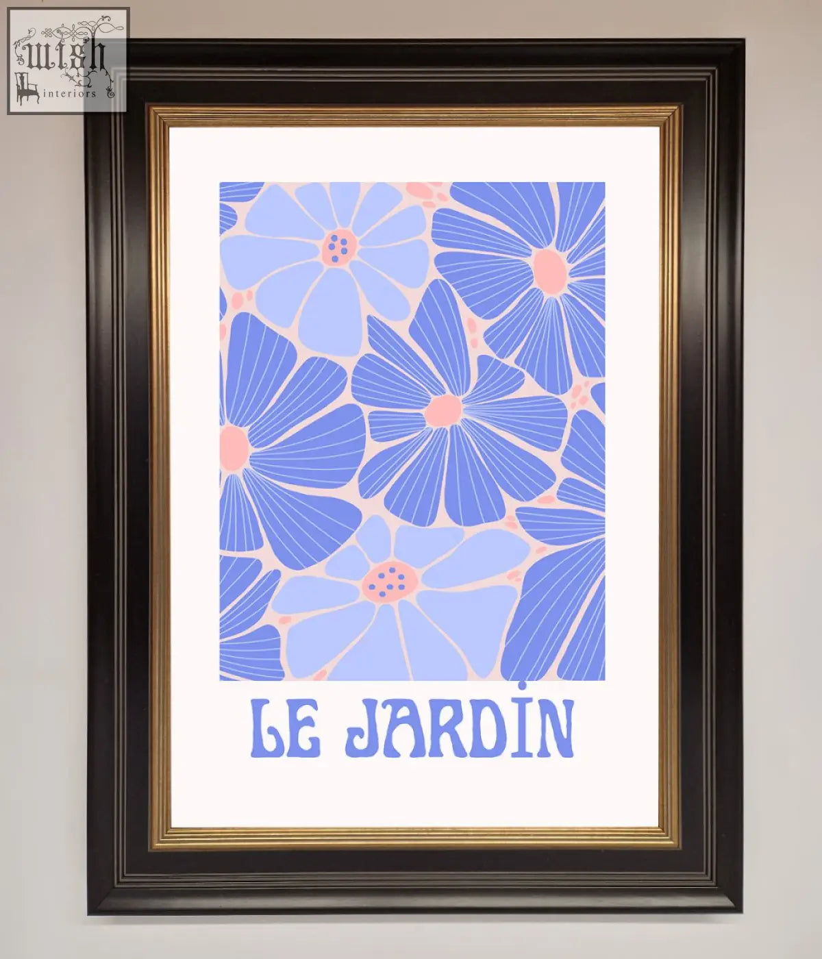A jardin blue framed poster featuring stylized blue flowers with pink centers and the text le jardin on white background