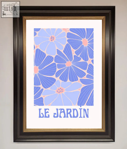 A jardin blue framed poster featuring stylized blue flowers with pink centers and the text le jardin on white background