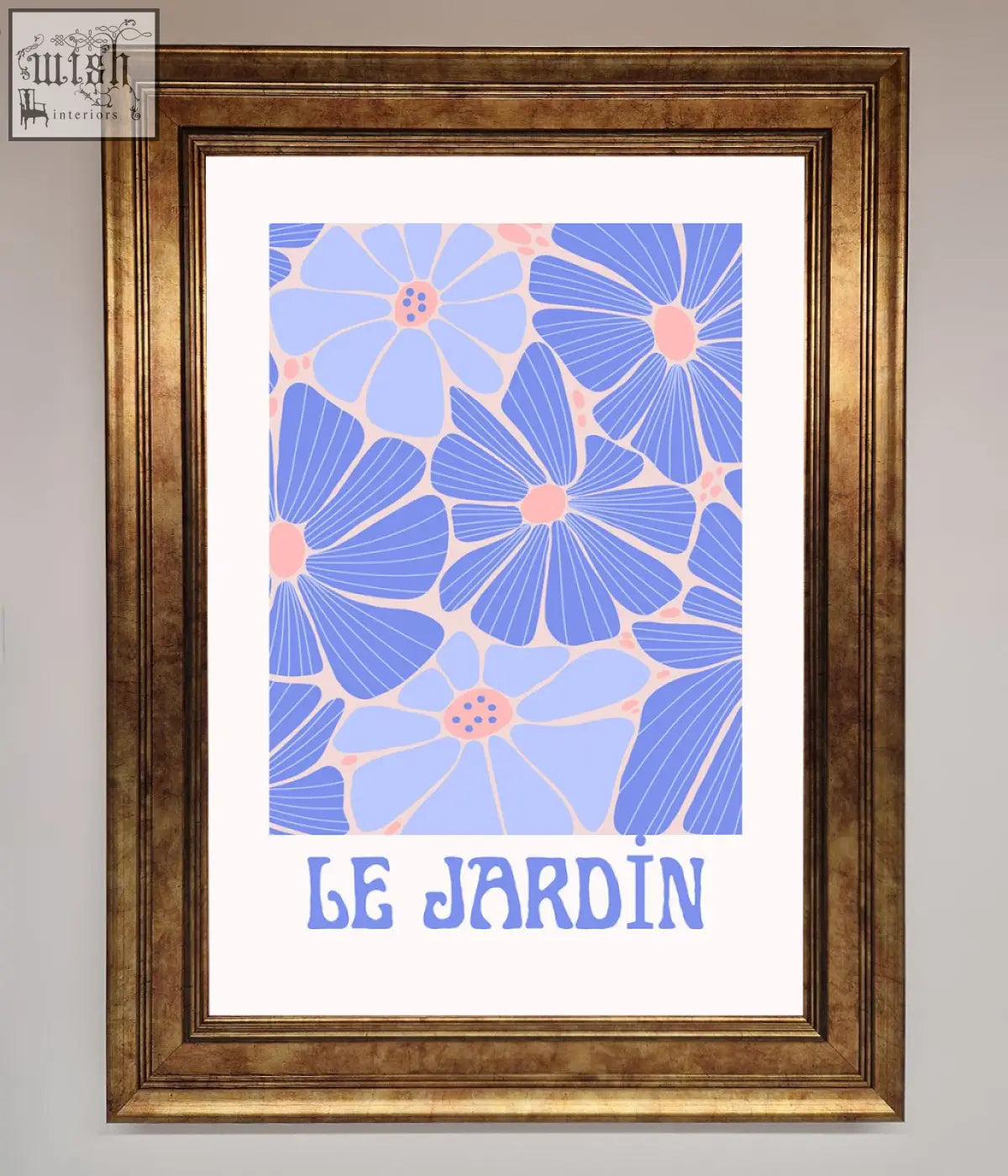 A jardin blue framed poster with a stylized blue and pink floral pattern and the text le jardin below