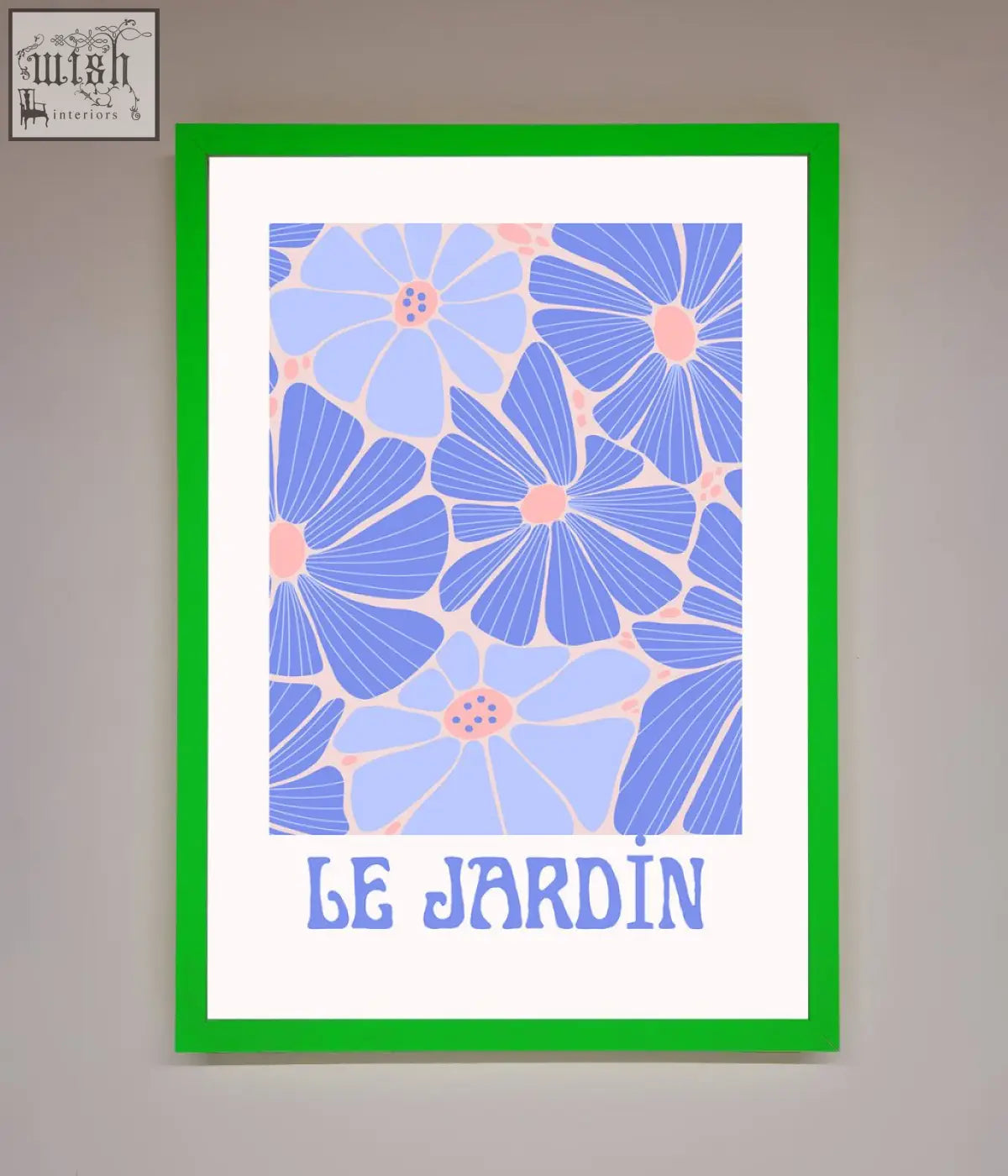 A jardin blue framed poster featuring a stylized floral pattern in blue and pink with le jardin text below