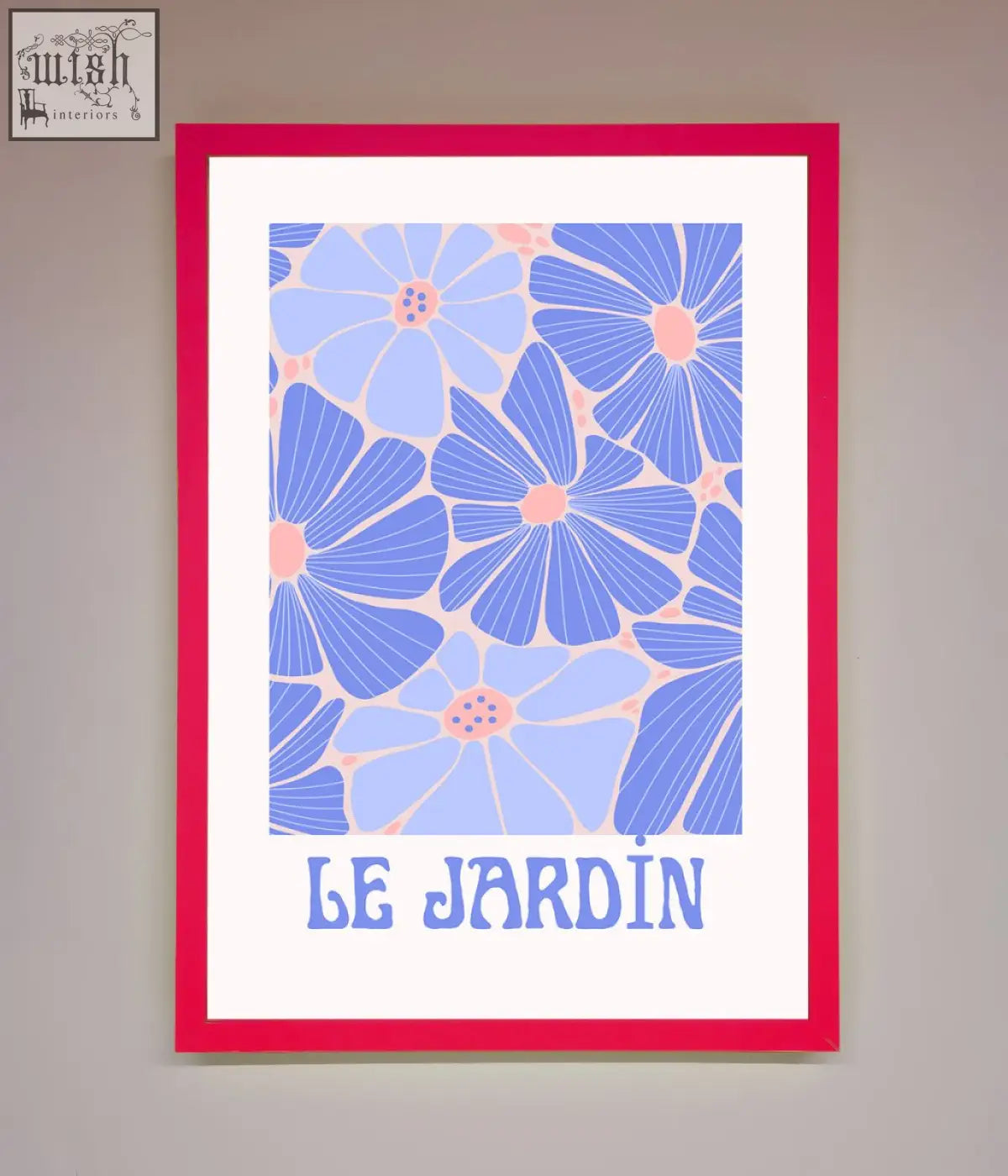 A vibrant red framed poster with a stylized blue and pink floral pattern and jardin blue text below
