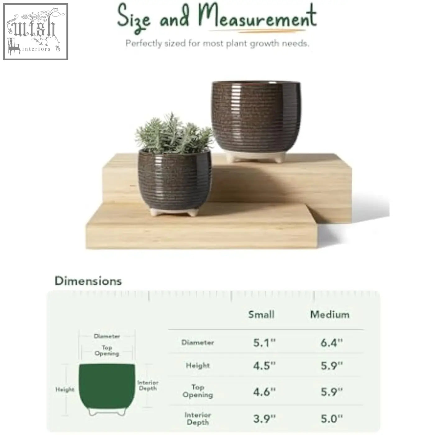 Dark brown ceramic plant pots with textured vertical ridges and white feet small and medium sizes for indoor use