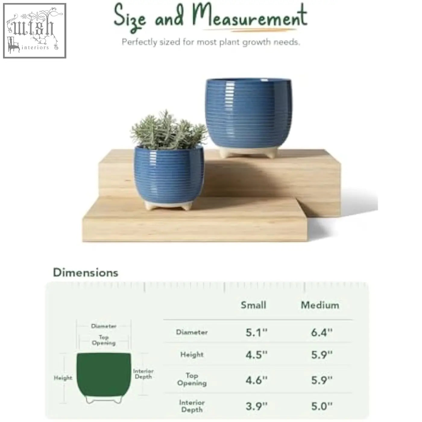 Blue ceramic plant pots with vertical ribbed texture small white feet silicon plug for indoor plants