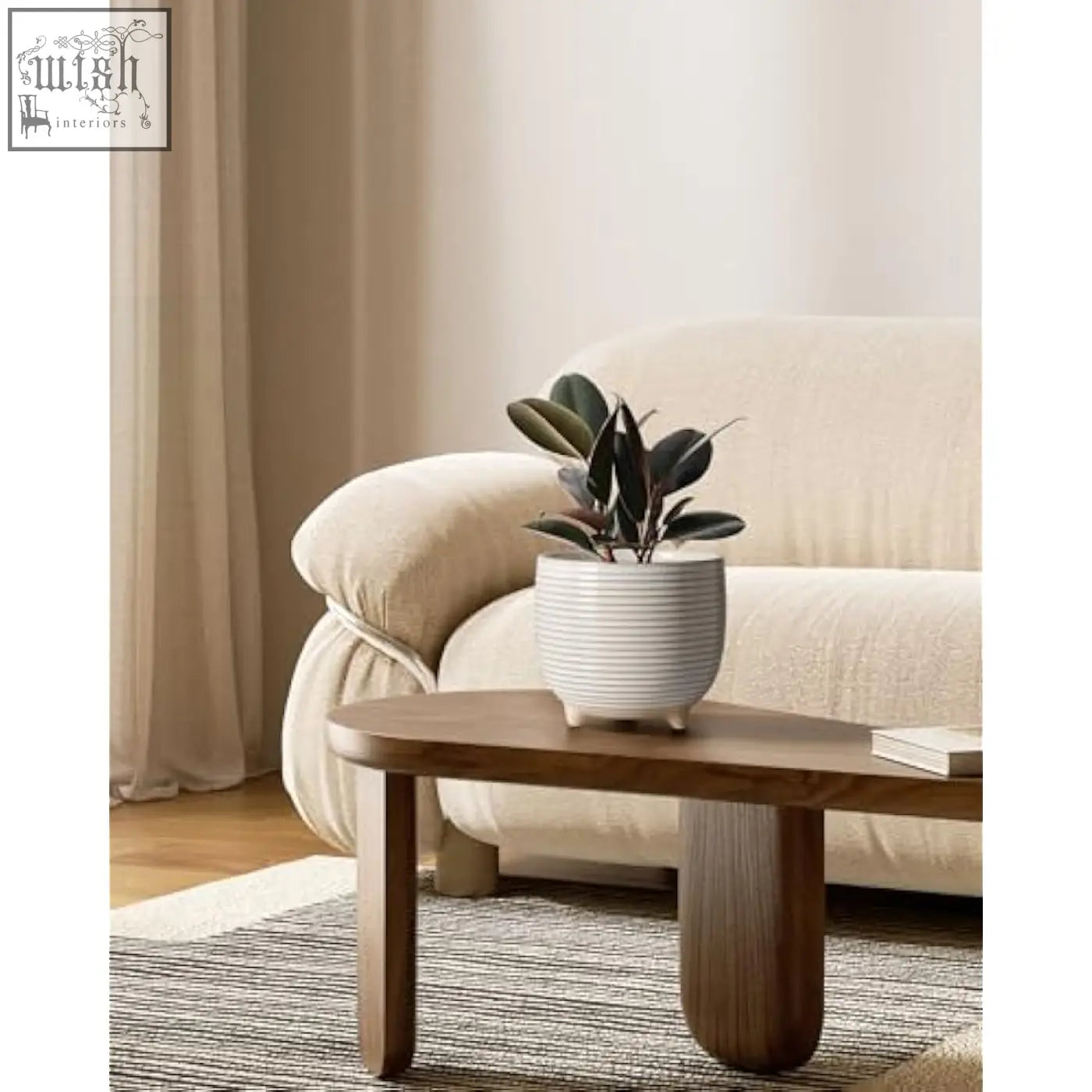 White ribbed ceramic plant pot with drainage and dark green leaves perfect for small indoor plants and office use