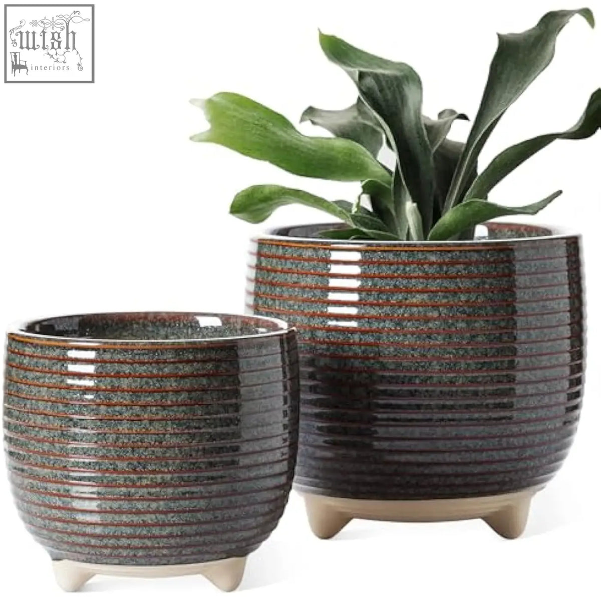 Dark ceramic plant pots with horizontal ridges and speckled glaze on light feet perfect for indoor plants